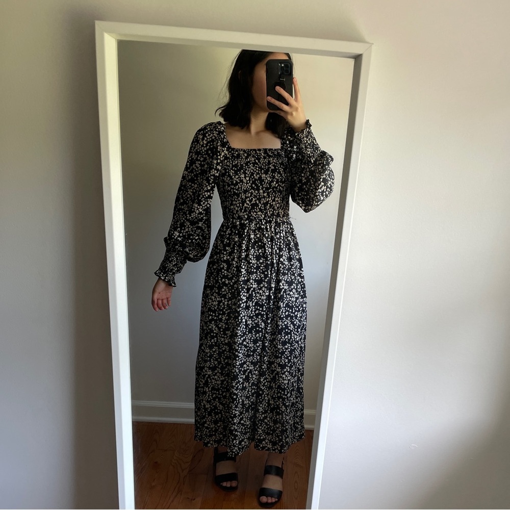 Missguided XS Puff Sleeve Square Neck Black Floral Maxi Long Sleeve Dress